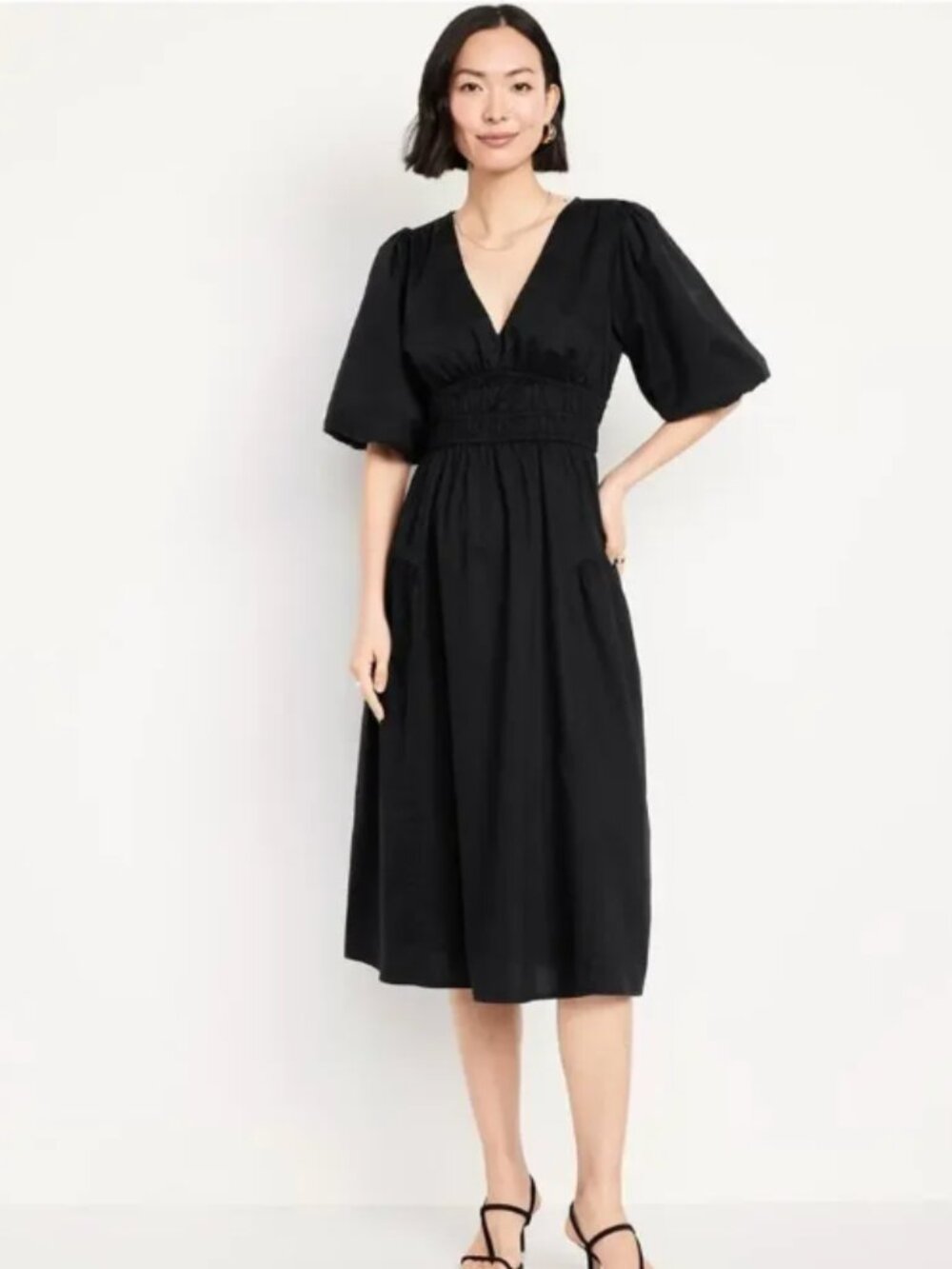 Old Navy Waist Defined Puff Sleeve Midi Dress